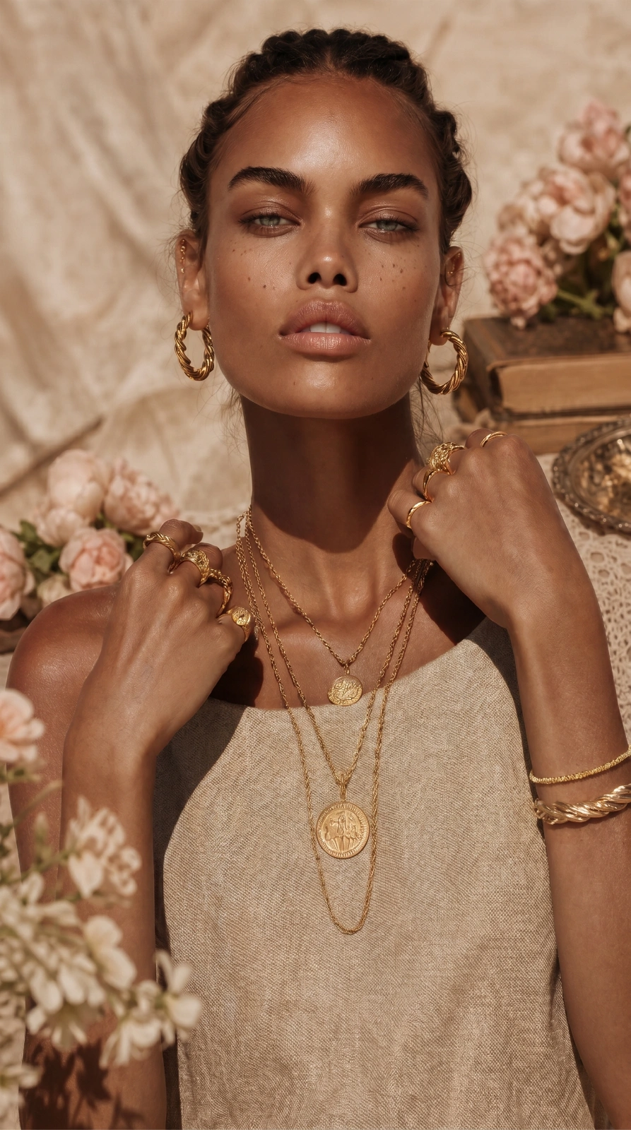 Model wearing layered gold coin necklaces and twist hoops